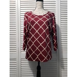 CB Established 1962 Lattice Print Top‎ Women's Size Medium Burgundy 3/4 Sleeve
